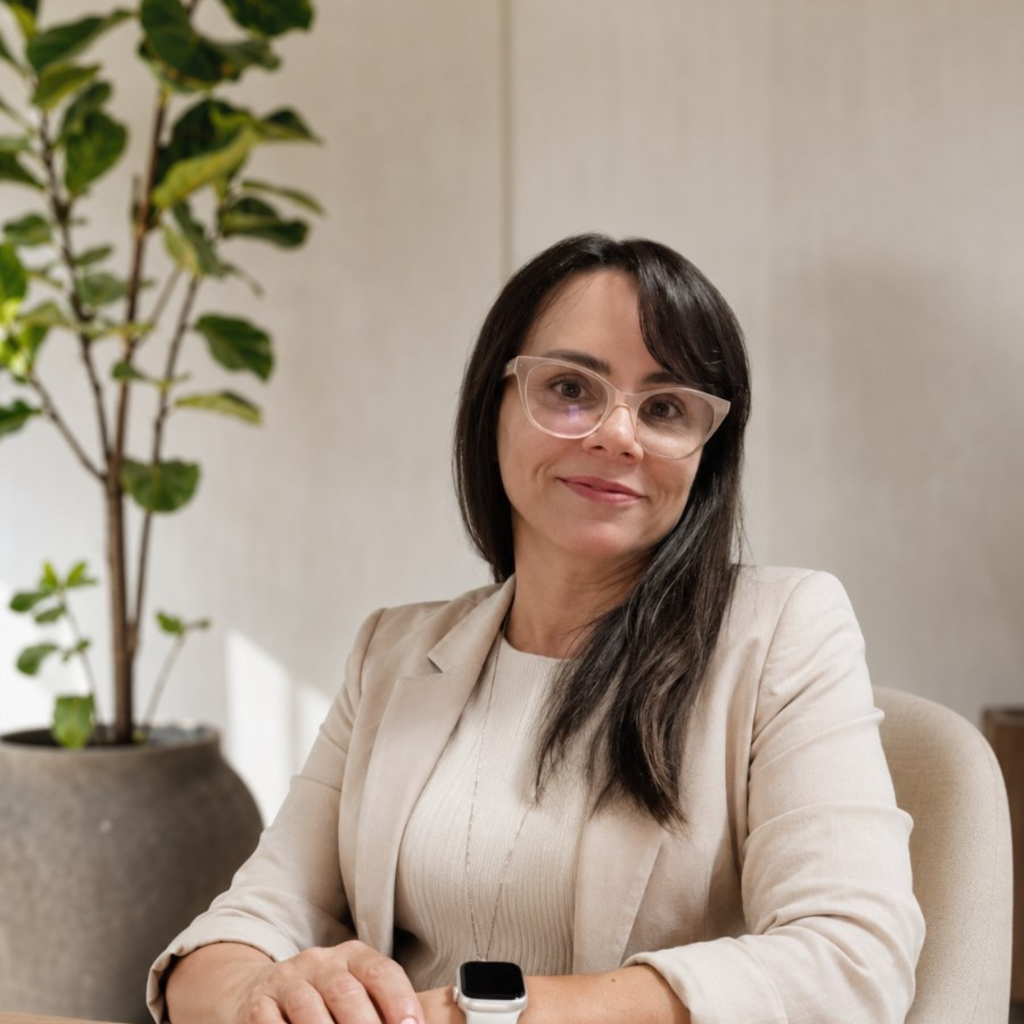 Valquiria Pichiteli Guimarães sentada em seu consultório, de blazer claro.